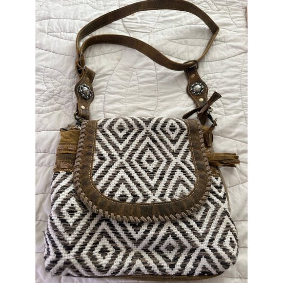 Myra Bag Sand Weaver Shoulder Purse Upcycled Canvas & Aged Leather Boho western - Picture 4 of 15